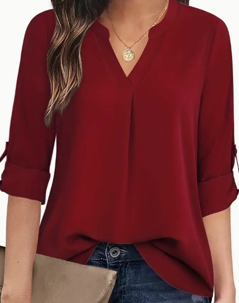 Chic Solid V-Neck Blouse Relaxed Style Fit