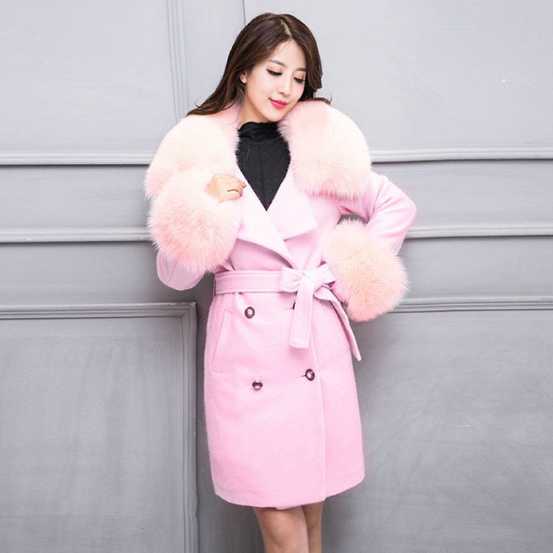 Fur Collar Warm Mid-length With Belt Coat