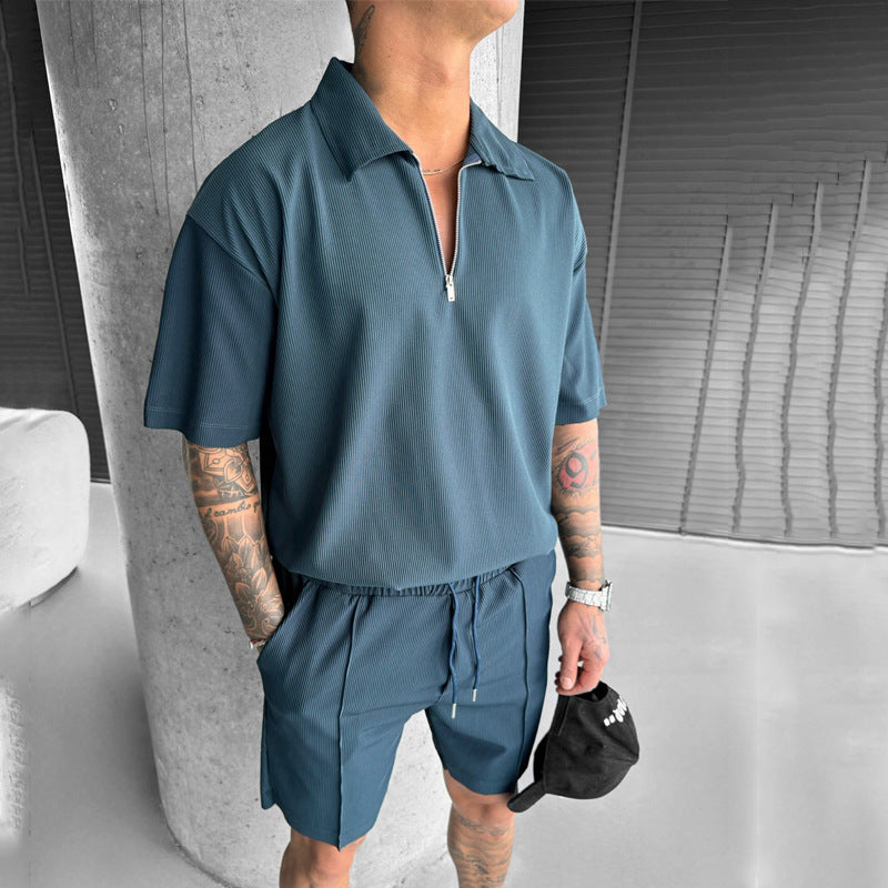 Men's Zipper Polo Casual Short-sleeved Shirt & Shorts Set
