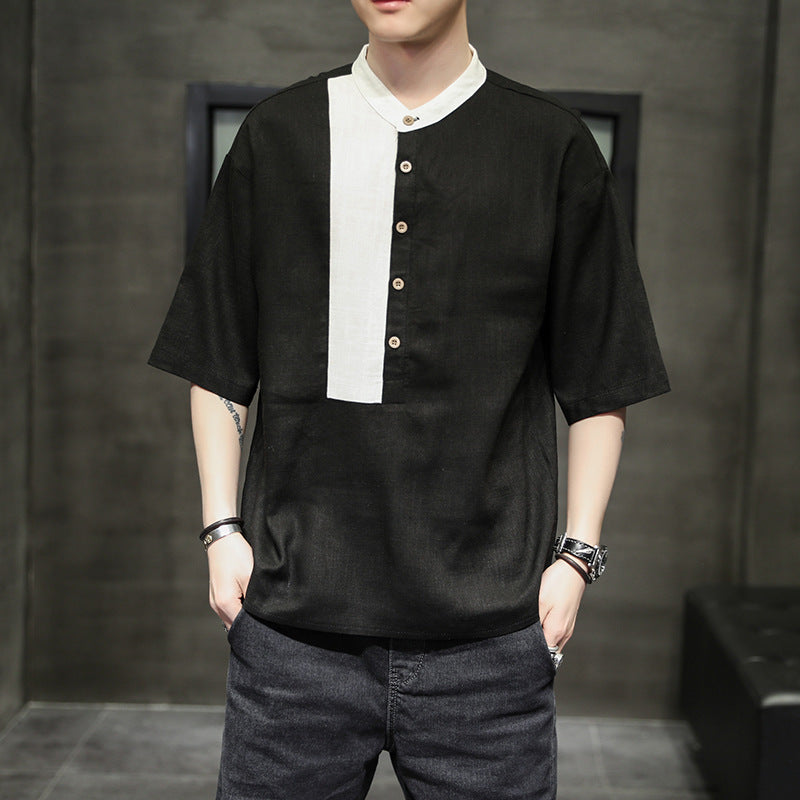 Loose Half Sleeve Shirt Cotton And Linen Casual Stitching