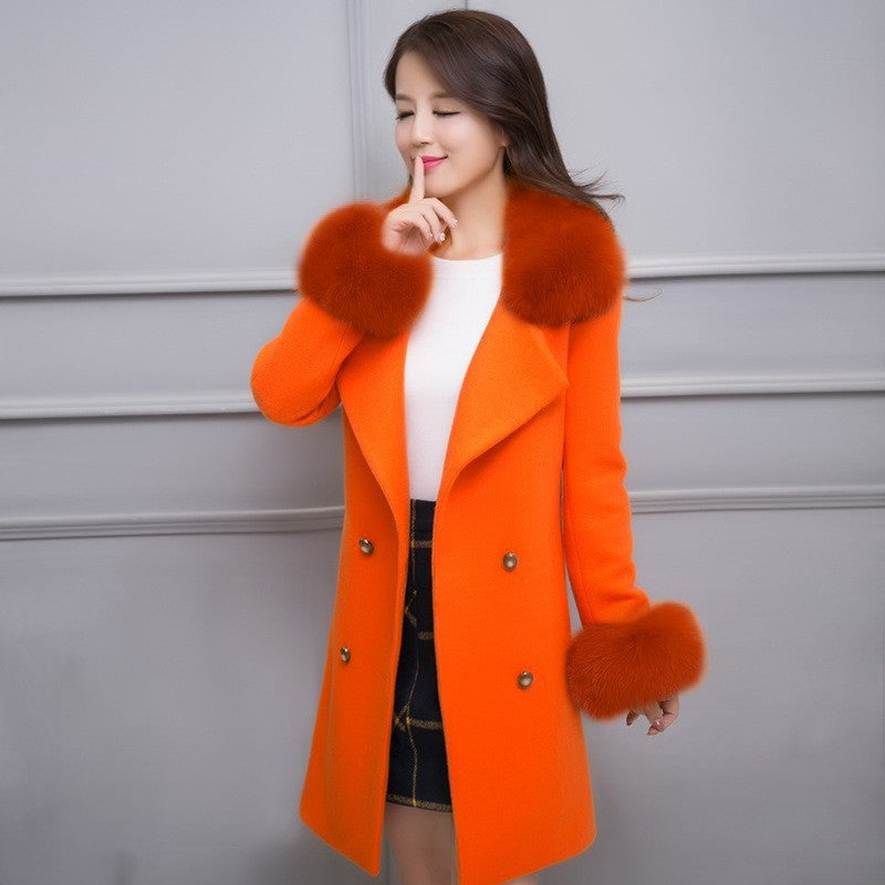 Fur Collar Warm Mid-length With Belt Coat