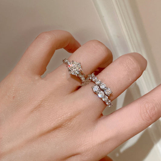 925 Silver Double-layer Round Look Diamond Open Row Ring