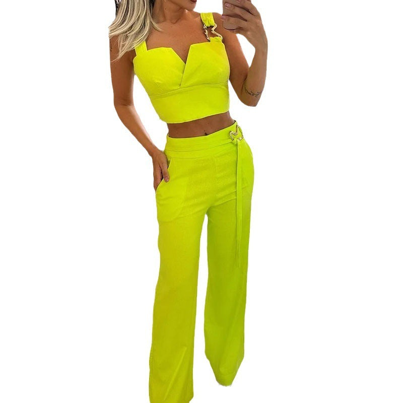Fluorescent V-Cut Top & High Waist Wide Leg Pant Suit