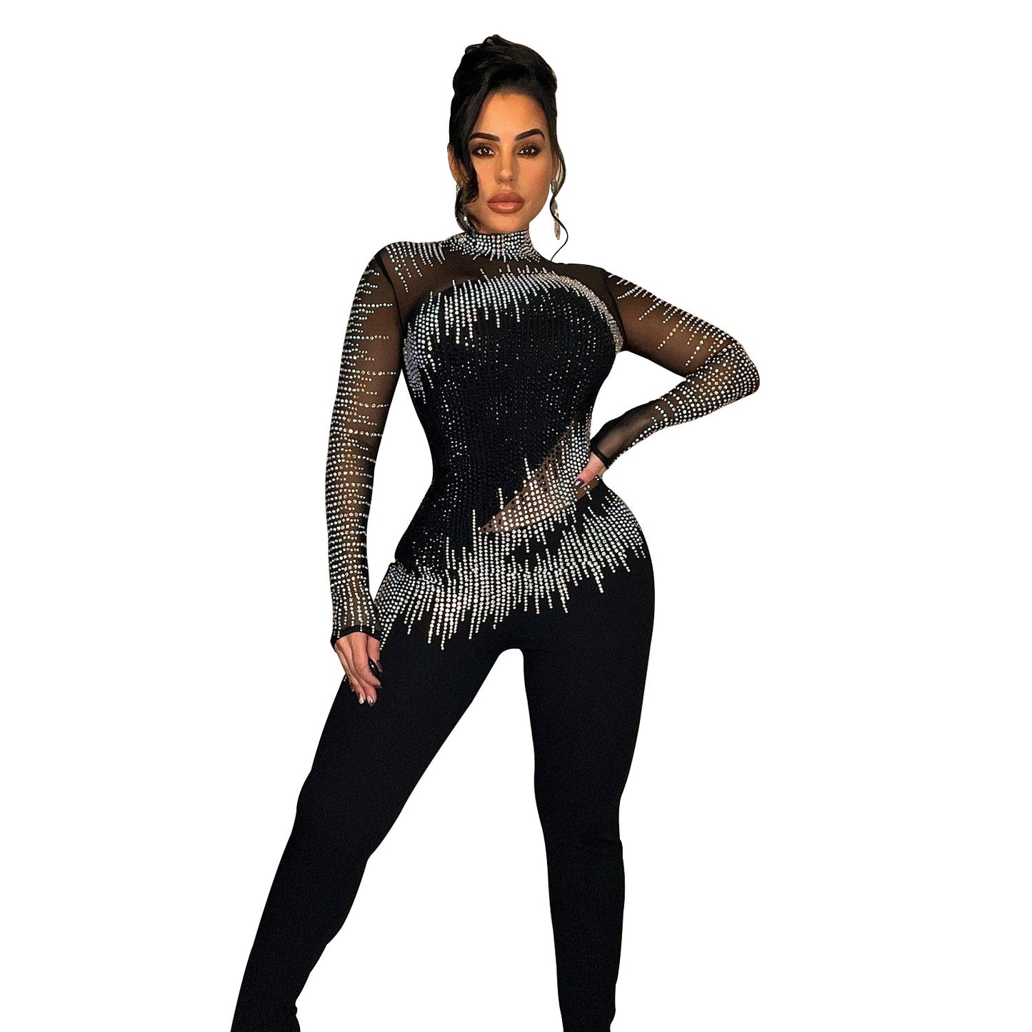 Mesh Rhinestone Long-sleeved Jumpsuit