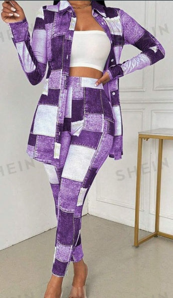 Women's Long Sleeve Knit Denim Effect Top And Pants Set