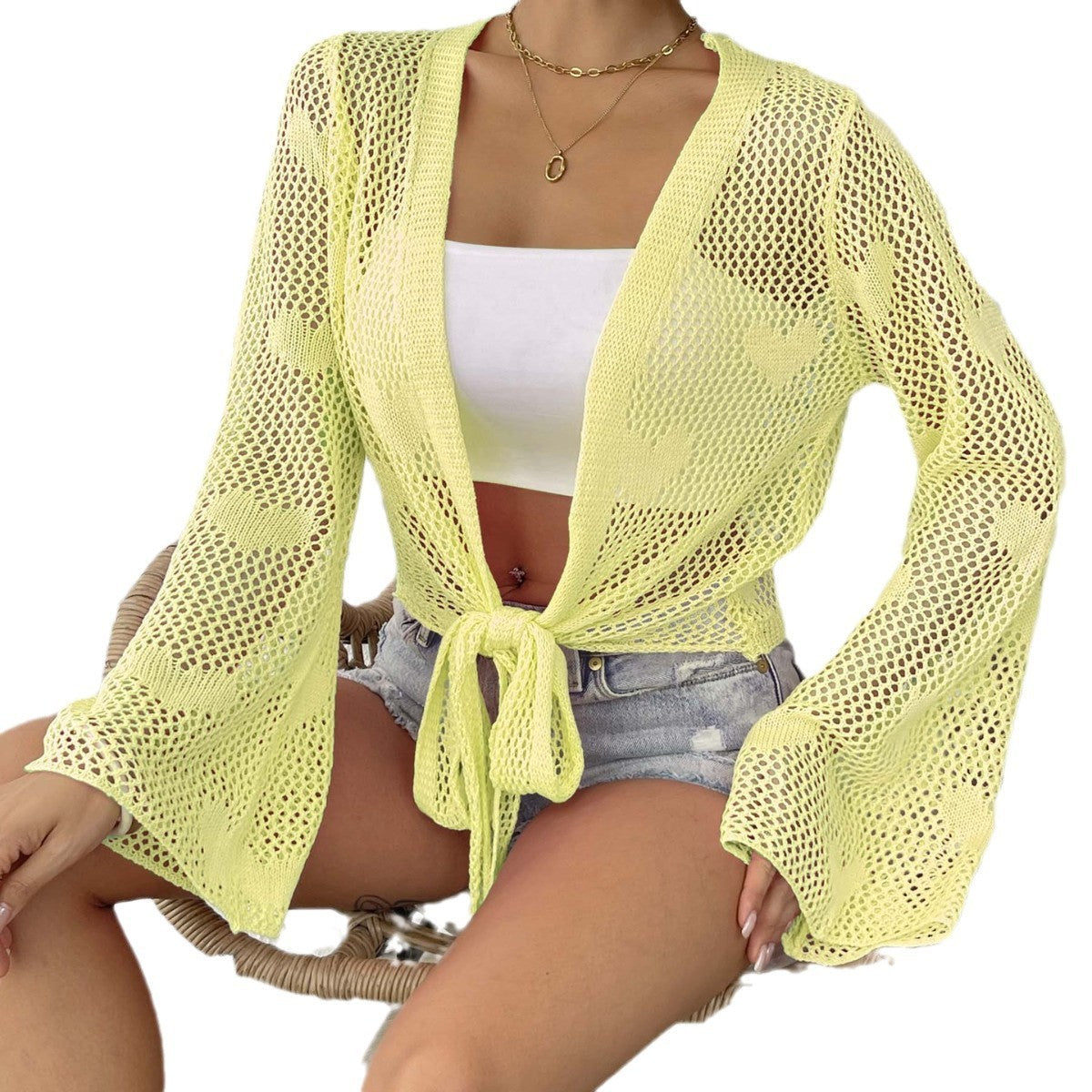 Lace-up Bow Bell Sleeve Cardigan