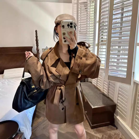 Suede Mid-length British Style Tie-up Trench Coat