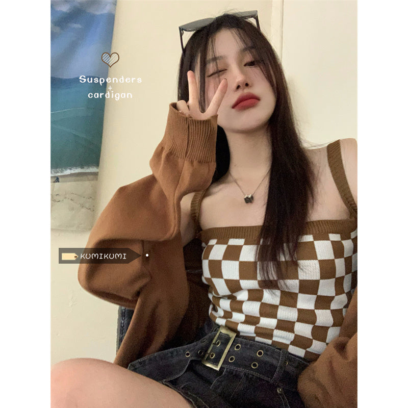 Women's Vintage Knitted Sweater Checkerboard Camisole Two Piece Set