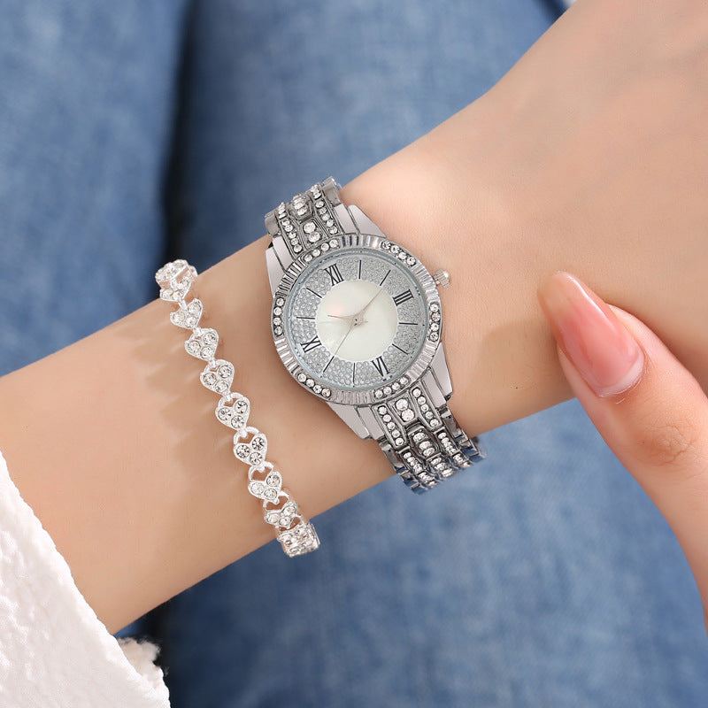 Diamond-embedded Elegant Bracelet & Luxury Quartz Watch Set