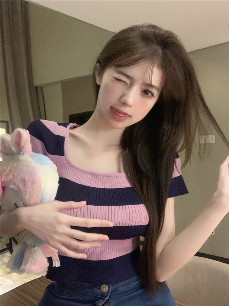 Women's Striped Short Sleeve Knitted Shirt