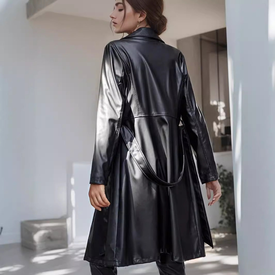 Long Tie-Waist PU Leather Coat