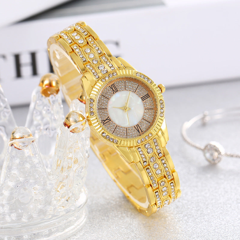 Diamond-embedded Elegant Bracelet & Luxury Quartz Watch Set