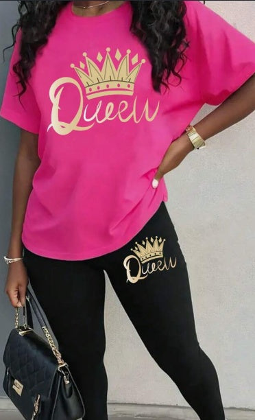 Queen Crown Short Sleeve Top And Leggings Set, Two Piece Outfit