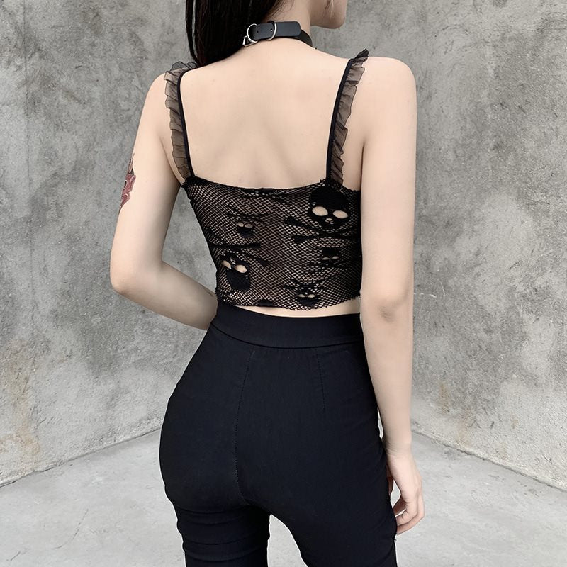 Ladies Skull Print Lace Mesh Camisole