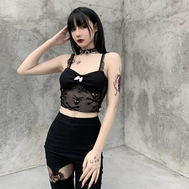 Ladies Skull Print Lace Mesh Camisole