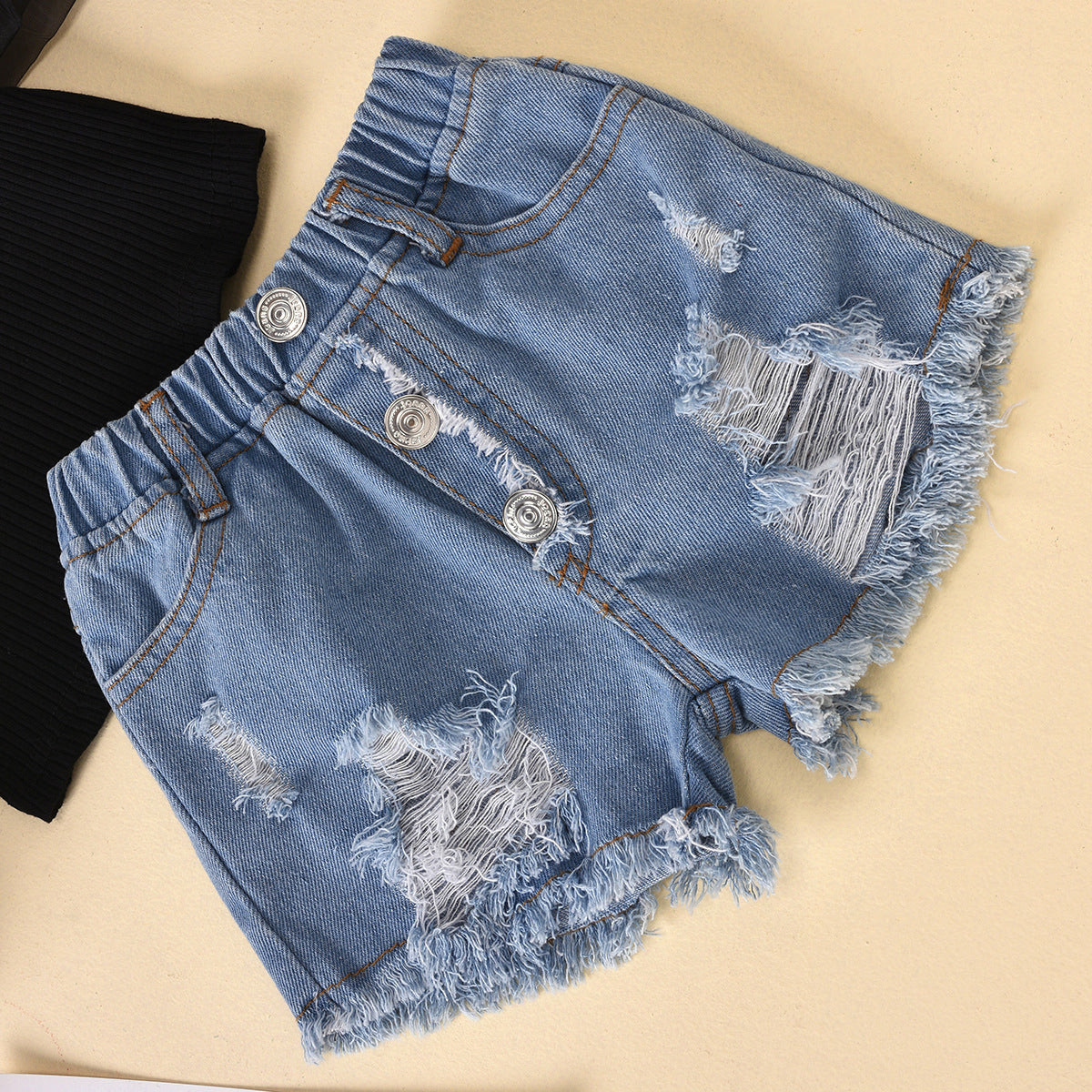 Cotton Dot Mesh Sleeves Striped Top Ripped Denim Shorts Kids Suit