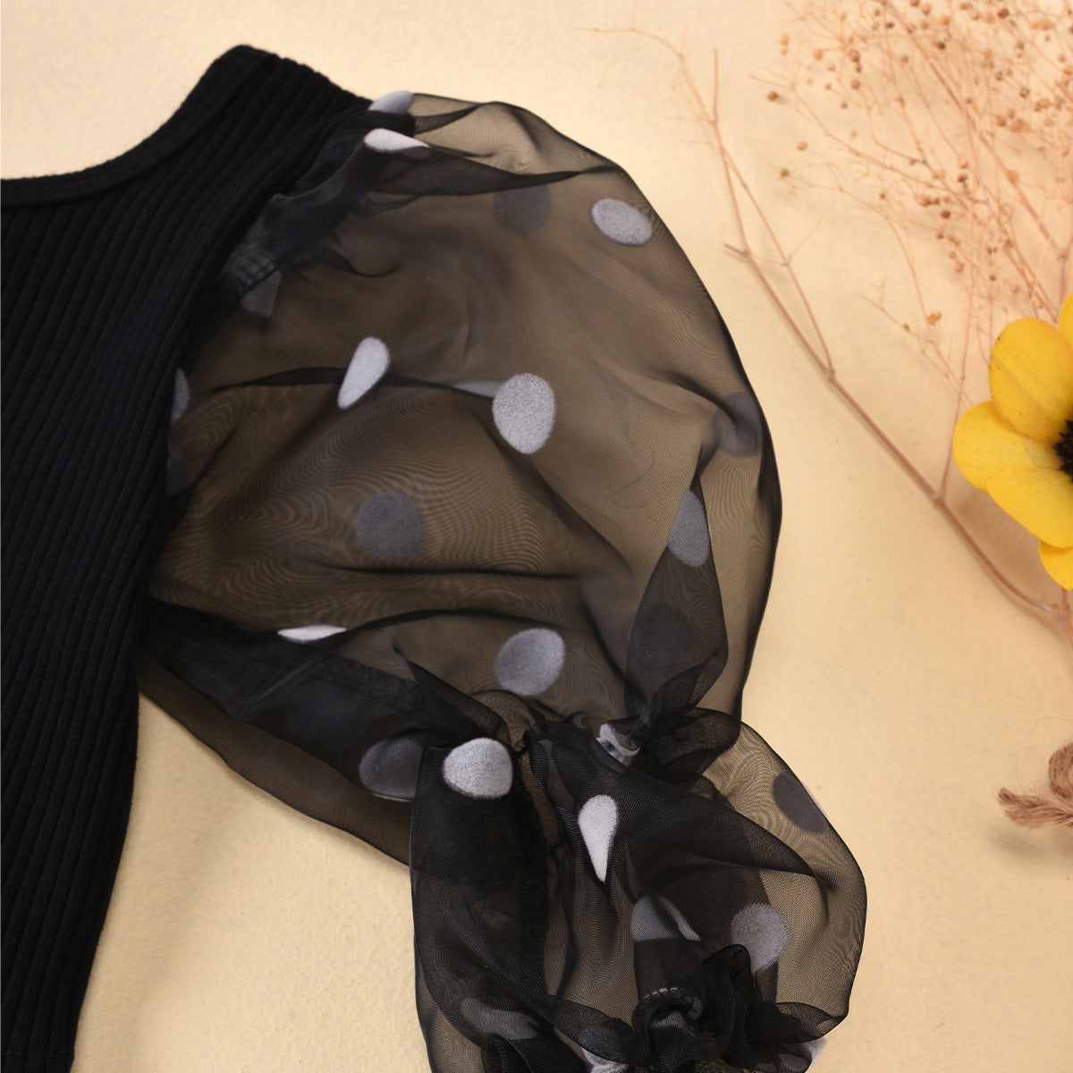 Cotton Dot Mesh Sleeves Striped Top Ripped Denim Shorts Kids Suit