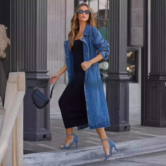 Women's Windbreaker Denim Cotton Double Pocket Long Coat