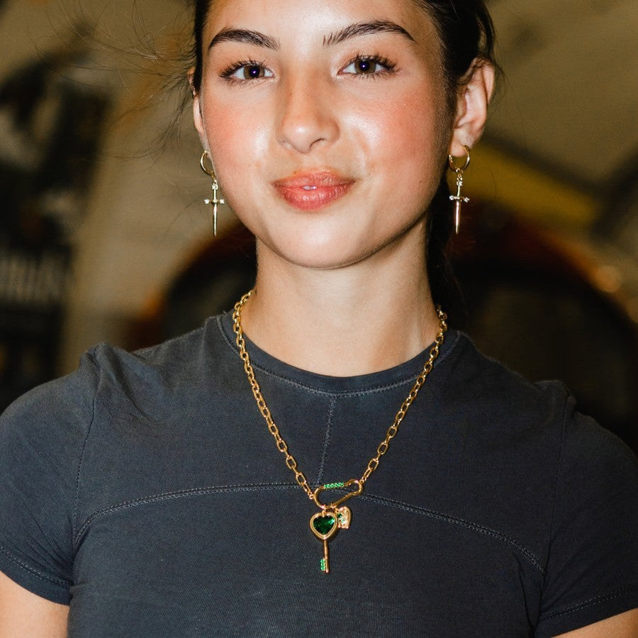 Emerald Love Key Inlaid Zircon Pendant Necklace