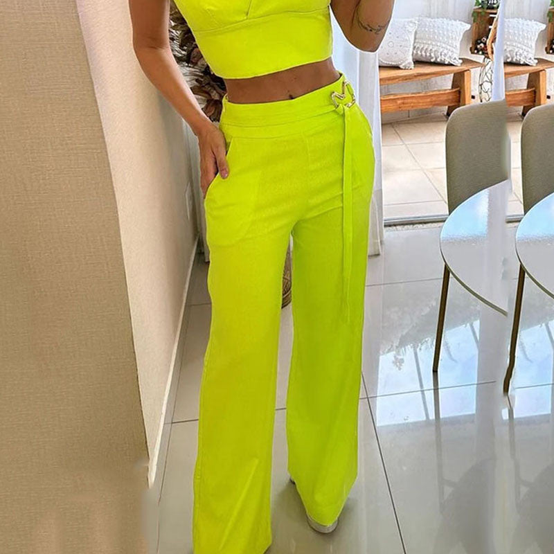 Fluorescent V-Cut Top & High Waist Wide Leg Pant Suit