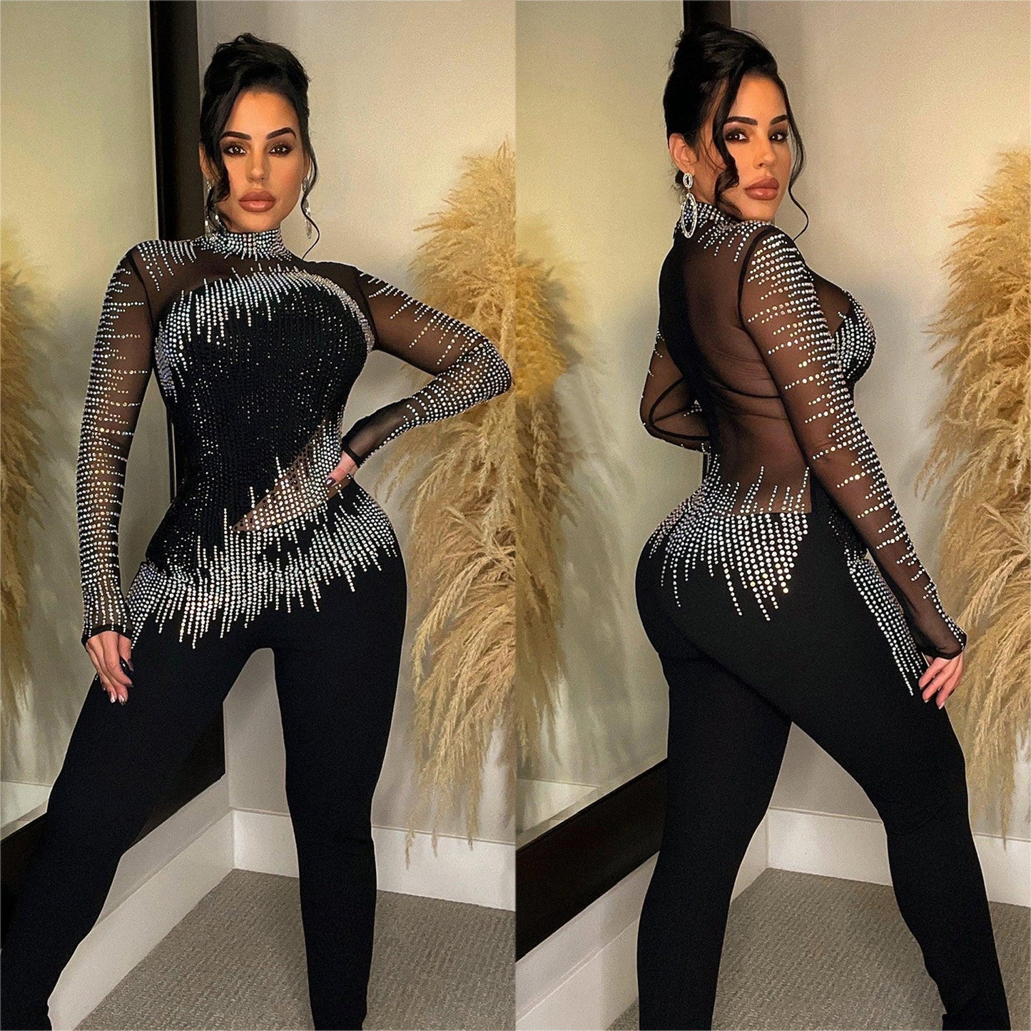 Mesh Rhinestone Long-sleeved Jumpsuit