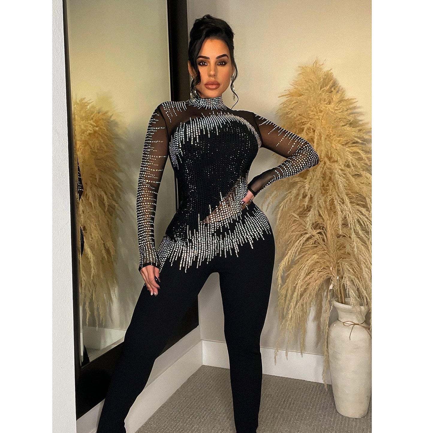 Mesh Rhinestone Long-sleeved Jumpsuit