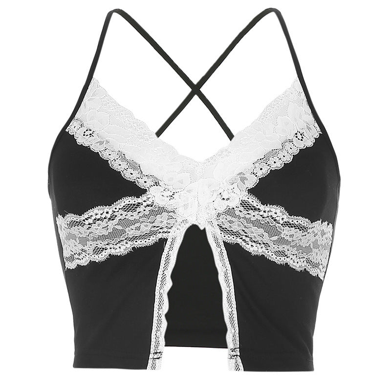 V-Neck Black And White Contrast Lace Split Camisole