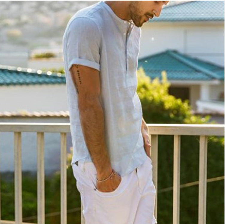 Cotton and linen short-sleeved shirt