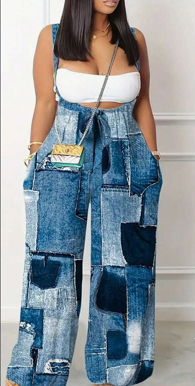 Patchwork Backless Pleated Gradient Color Wide Leg Jumpsuit With Suspender Pants