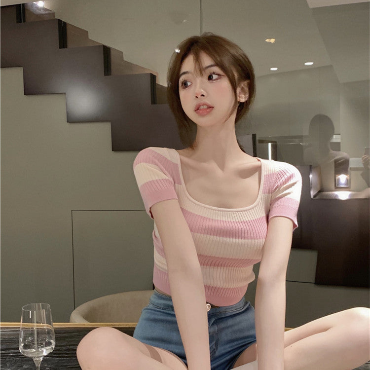 Women's Striped Short Sleeve Knitted Shirt
