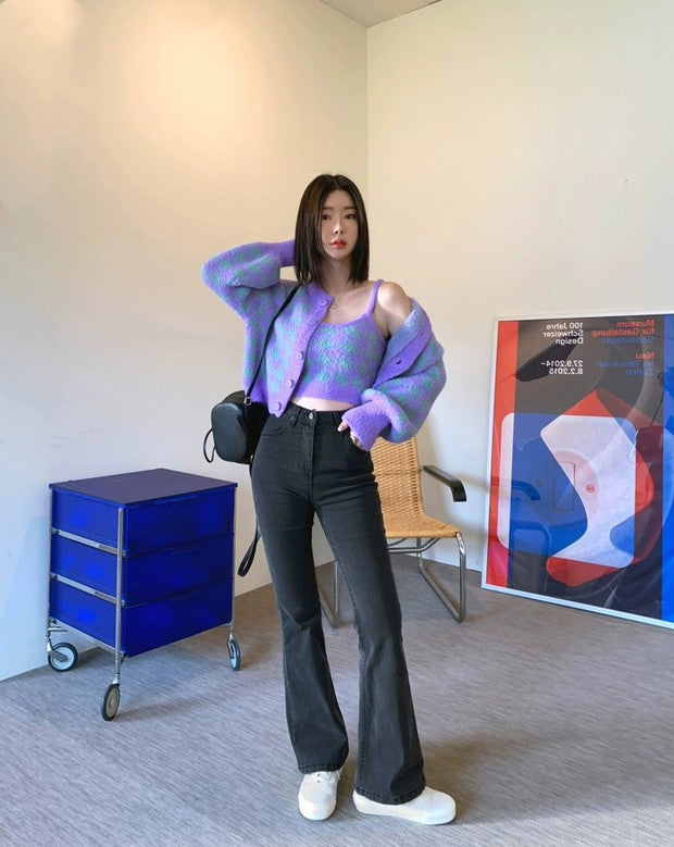 Long Sleeve Sweater Cardigan & Camisole Set