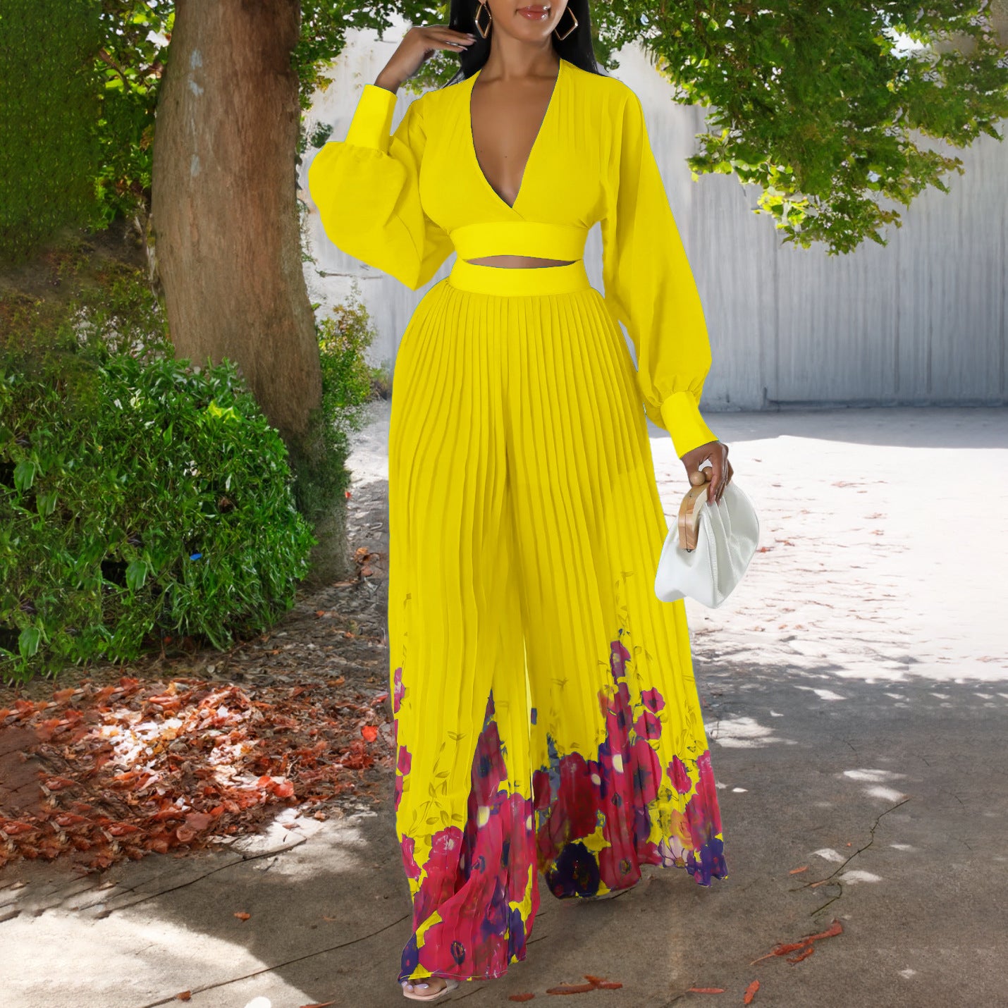 Women's Elegant Chiffon V-neck Pleated Top & Wide-leg Pants Suit