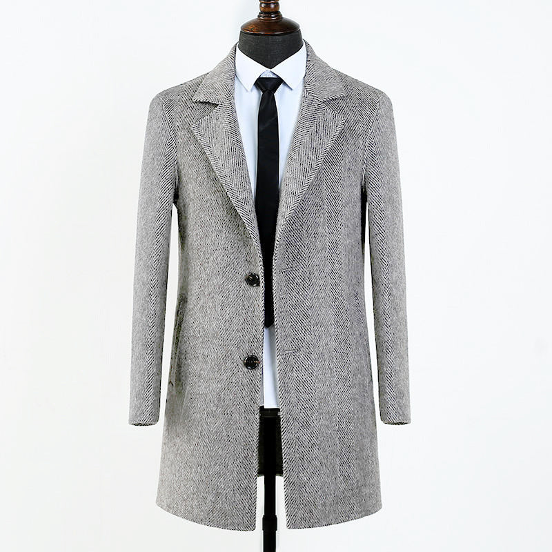 Wool Overcoat Mid-length Herringbone Pattern Jacket