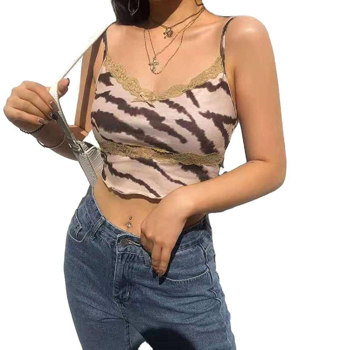 Tiger Stripe Lace Stitching Slim Camisole