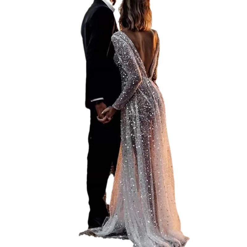 Sequined Lace Backless Outdoor Women's Dress