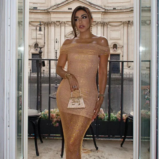 Off-shoulder See-through Sequins Sexy Dress