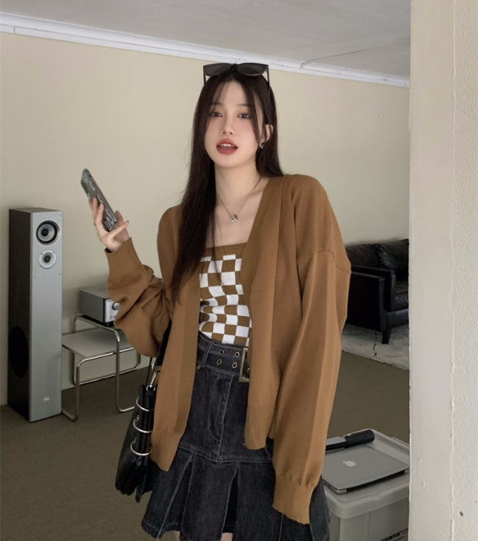 Women's Vintage Knitted Sweater Checkerboard Camisole Two Piece Set