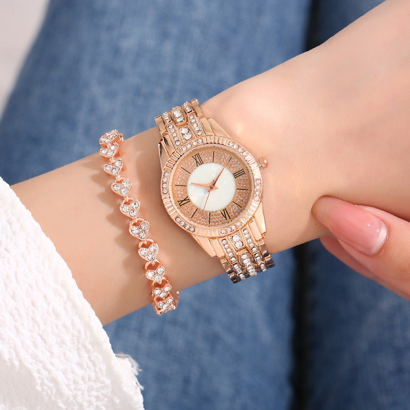 Diamond-embedded Elegant Bracelet & Luxury Quartz Watch Set