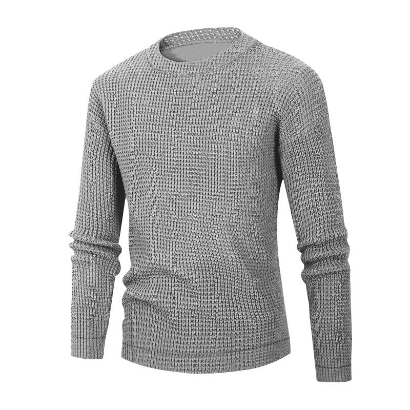 Men's Solid Color Textured Long Sleeve Round Neck Base Sweater