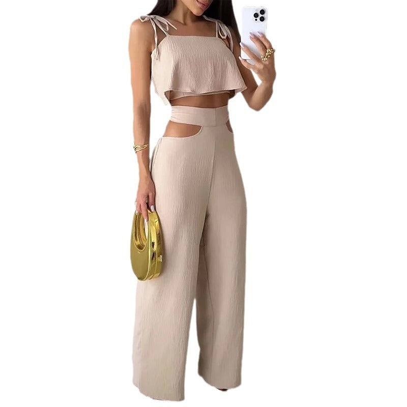 Solid Color Sling Top Casual Hollow-out Trousers Set