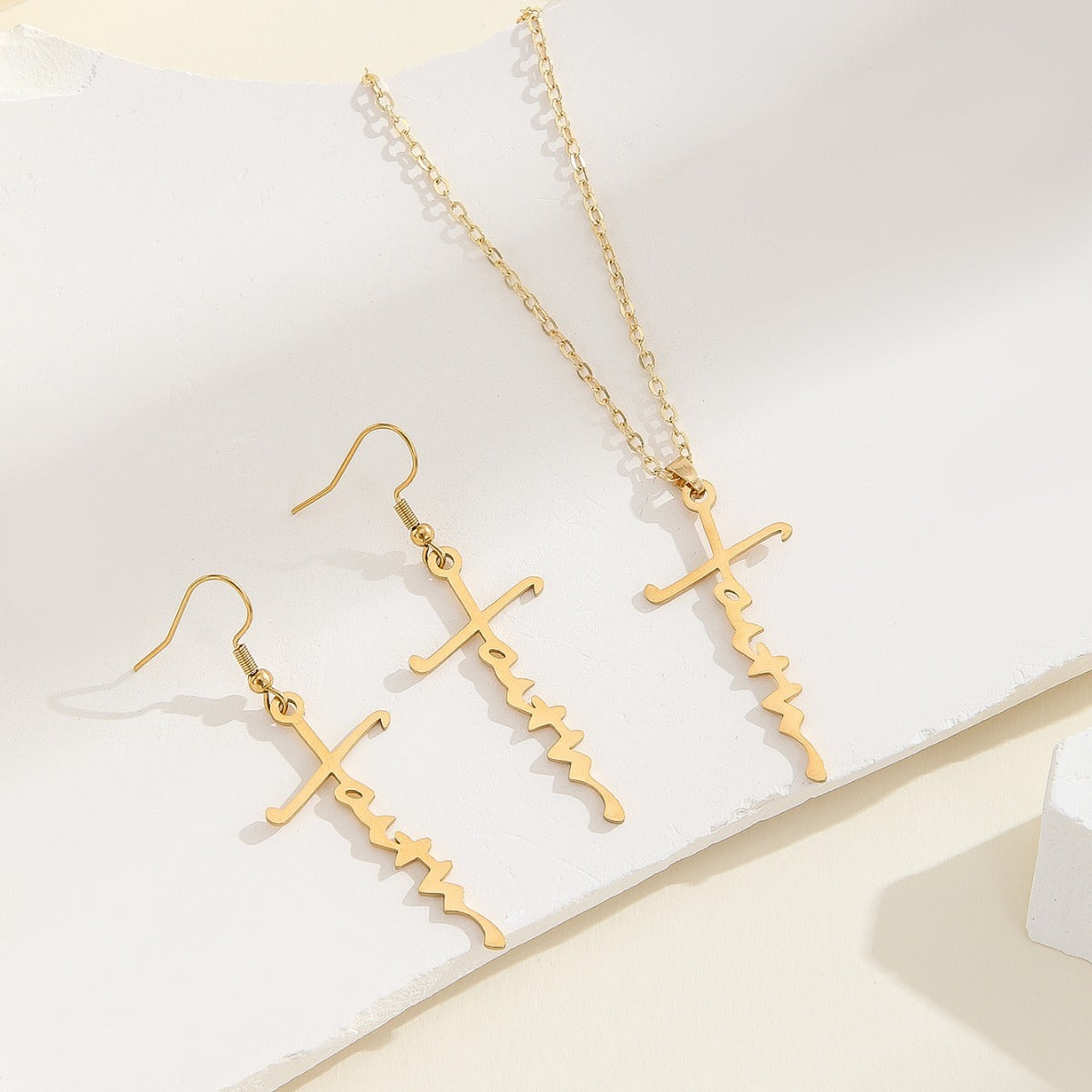 Long And Simple Cross Inspired Fashion Clavicle Chain & Earring set.