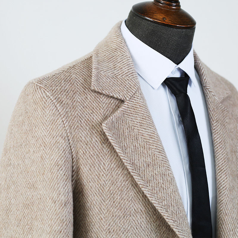 Wool Overcoat Mid-length Herringbone Pattern Jacket