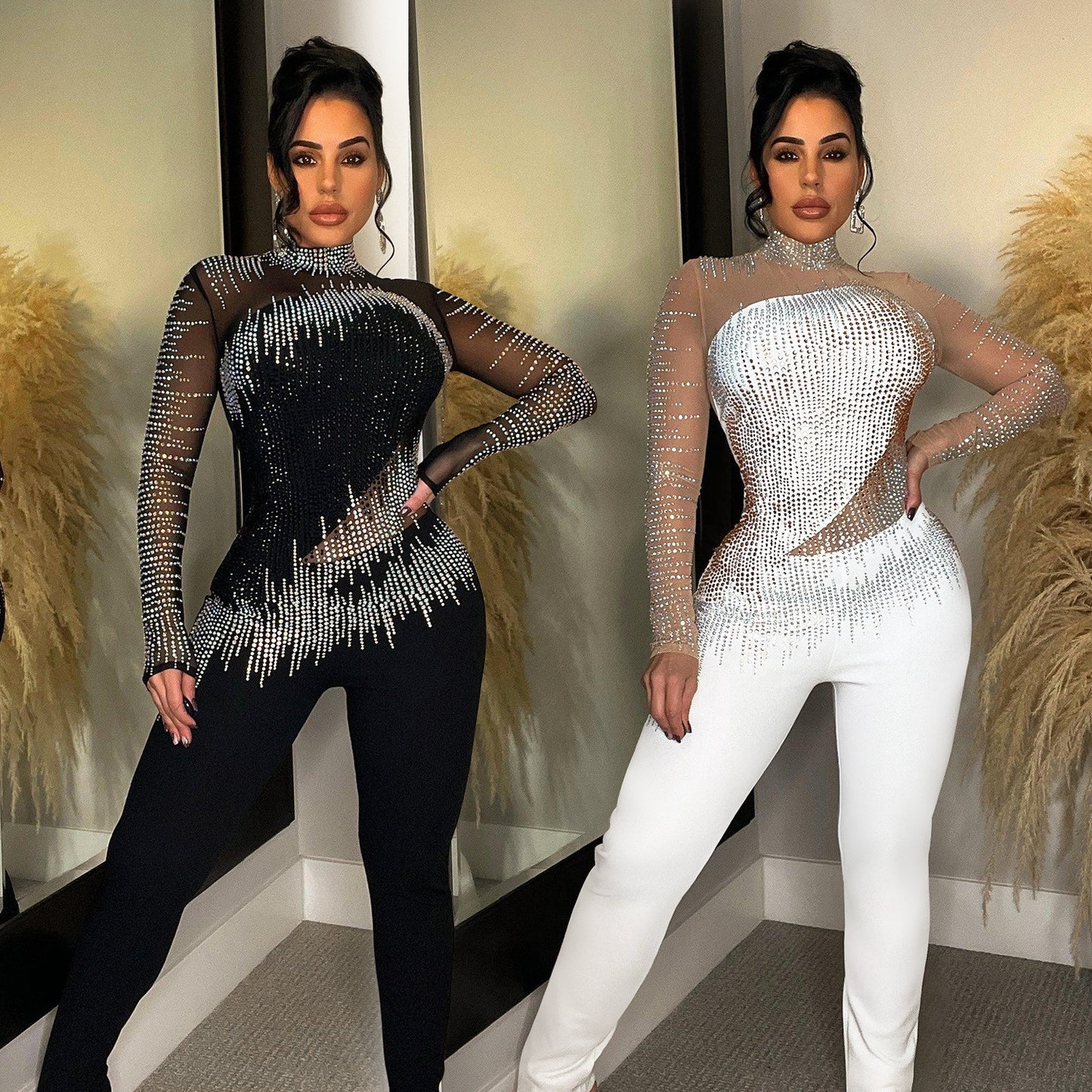Mesh Rhinestone Long-sleeved Jumpsuit
