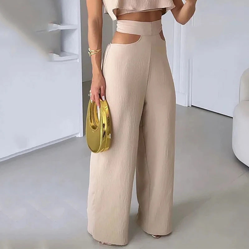 Solid Color Sling Top Casual Hollow-out Trousers Set