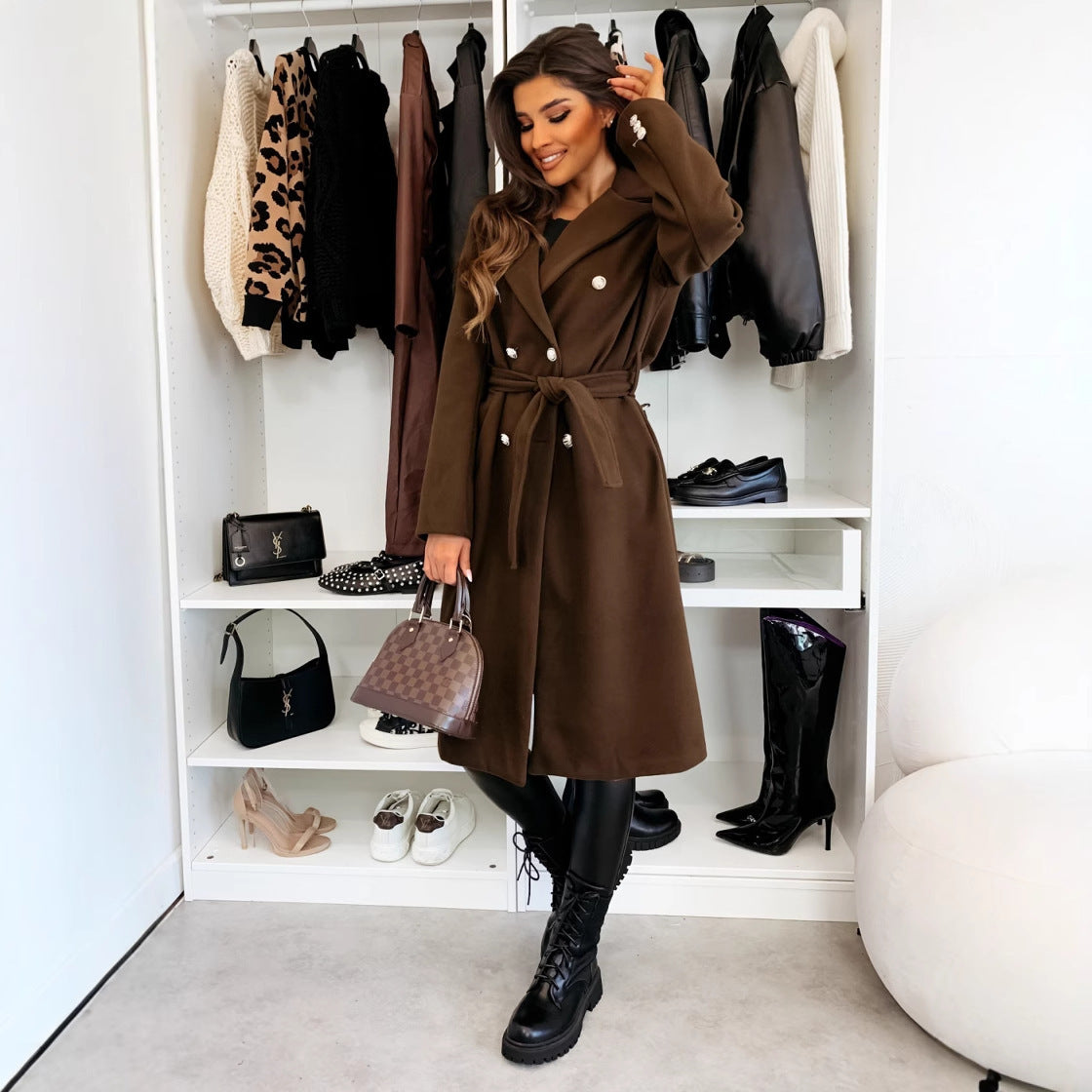 Double-breasted Mid-Length Woolen Coat