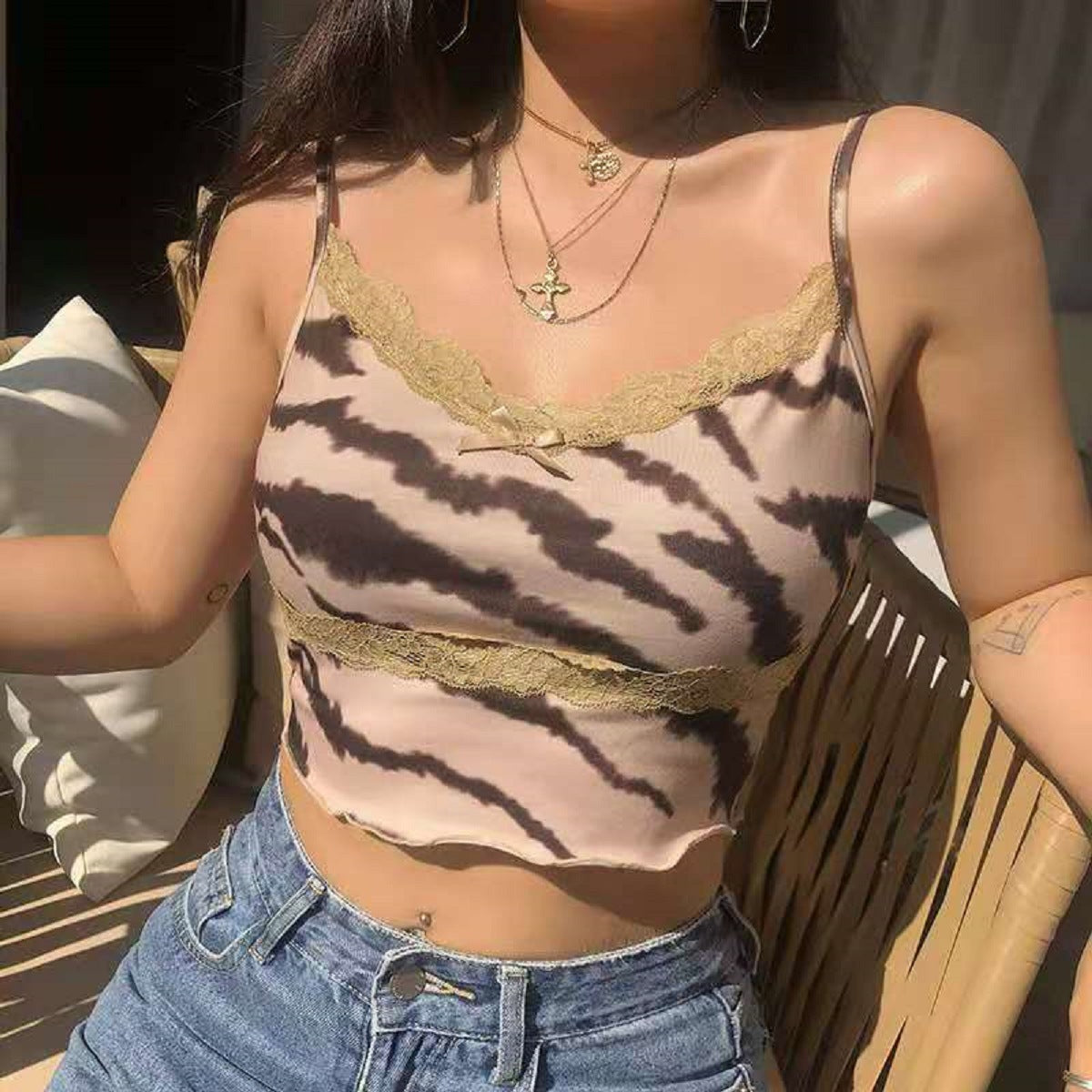 Tiger Stripe Lace Stitching Slim Camisole