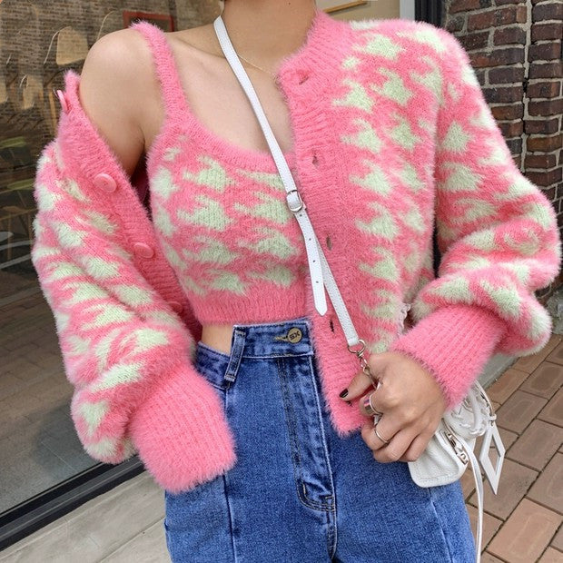 Long Sleeve Sweater Cardigan & Camisole Set