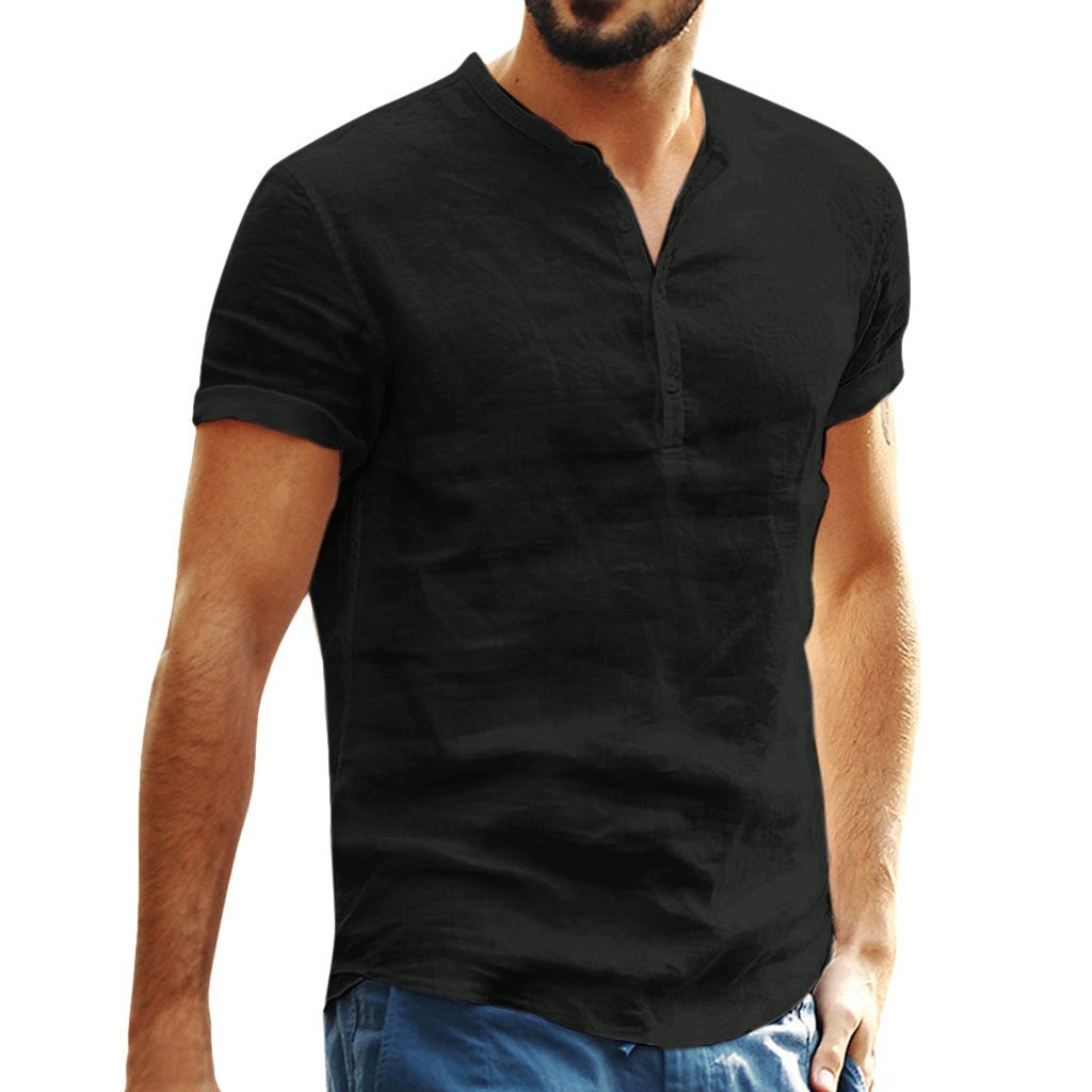 Cotton and linen short-sleeved shirt