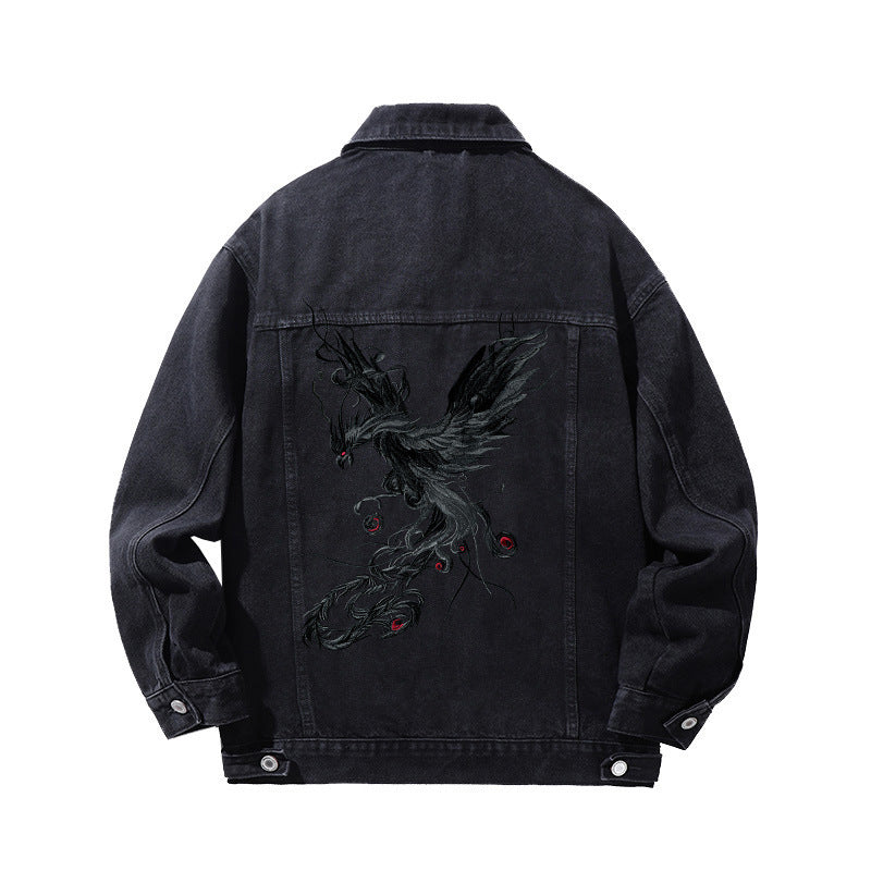 Phoenix Embroidery Back Polo Collar Jacket