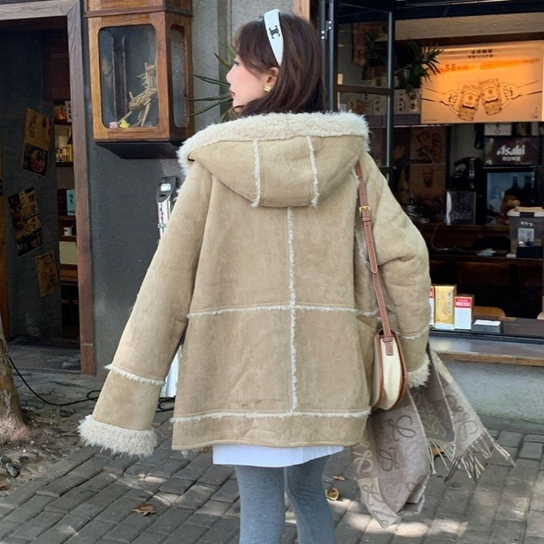 Hooded Suede Fur Lamb Warm Coat